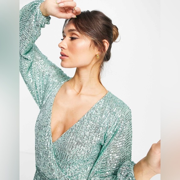 New ASOS DESIGN Wrap Mini Dress with Volume Sleeve in Mint Sequin - Picture 5 of 14